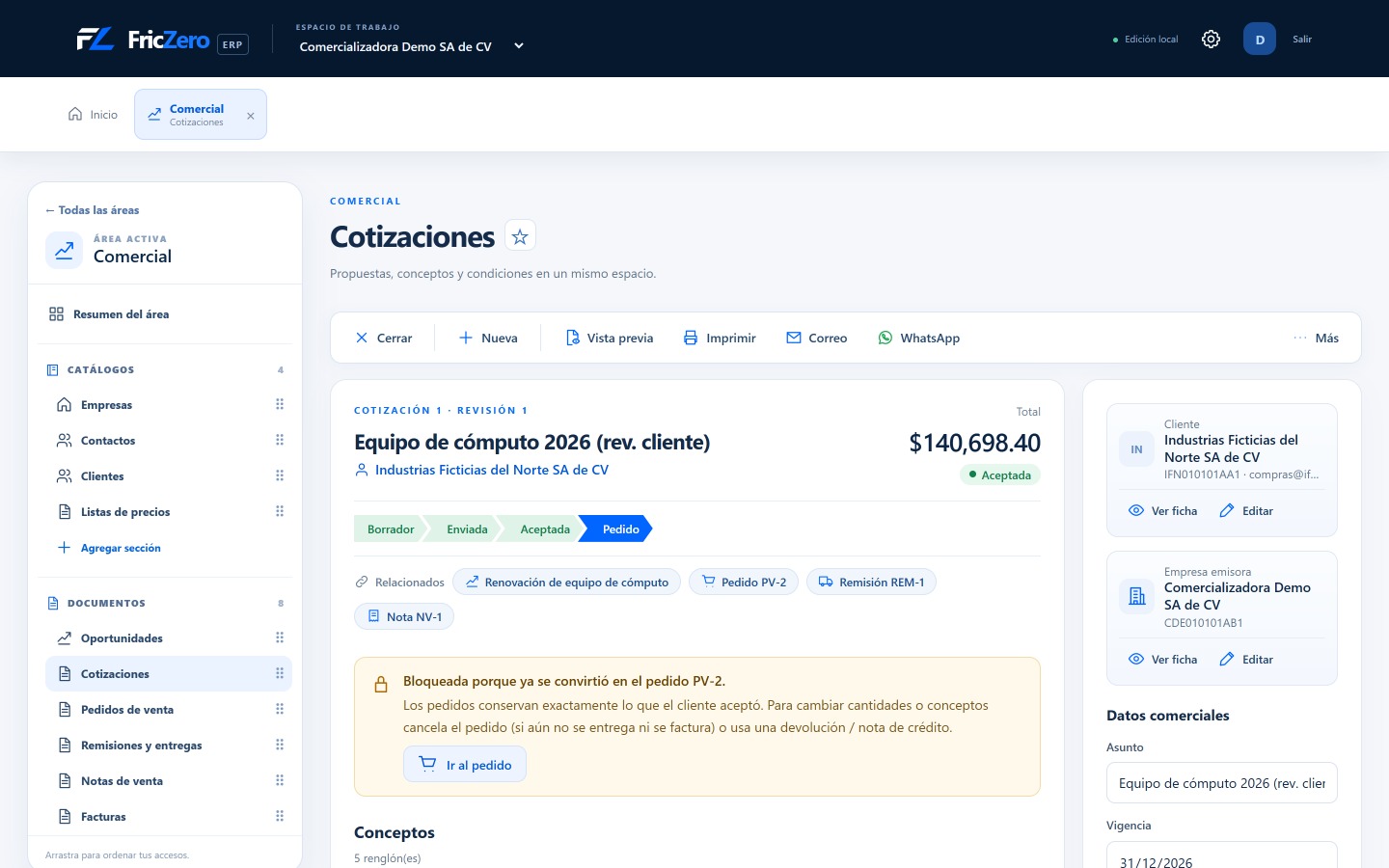 Pantalla de una cotización en el sistema FricZero ERP con su flujo de borrador a pedido