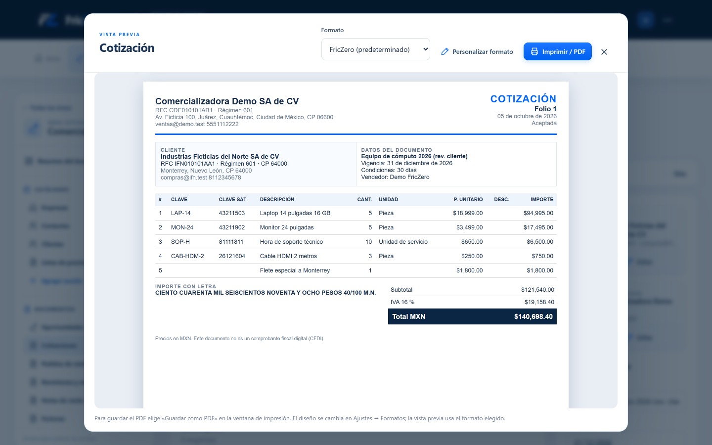 Vista previa en PDF de una cotización con desglose de IVA