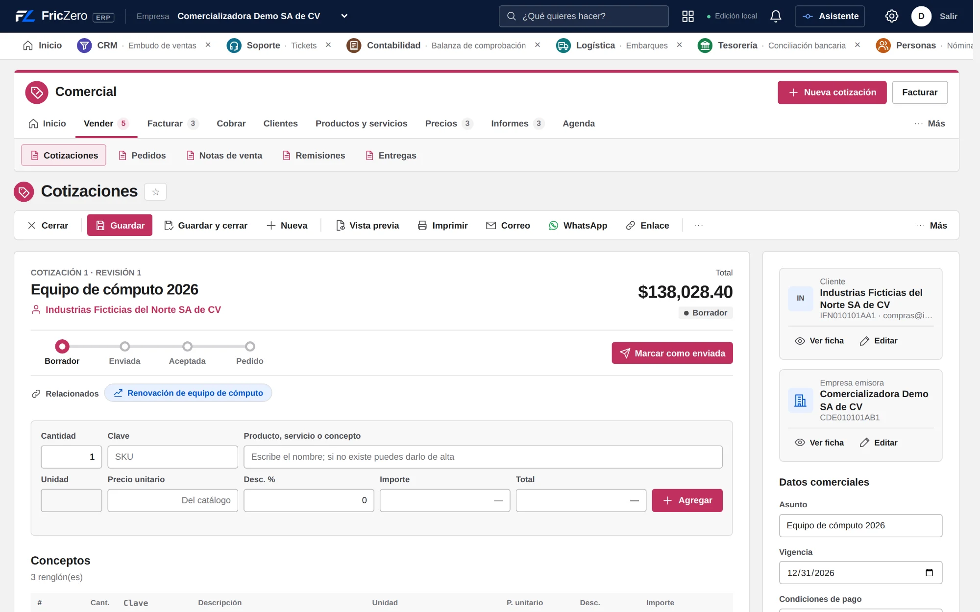Cotización en FZ ERP con conceptos, claves del SAT e IVA