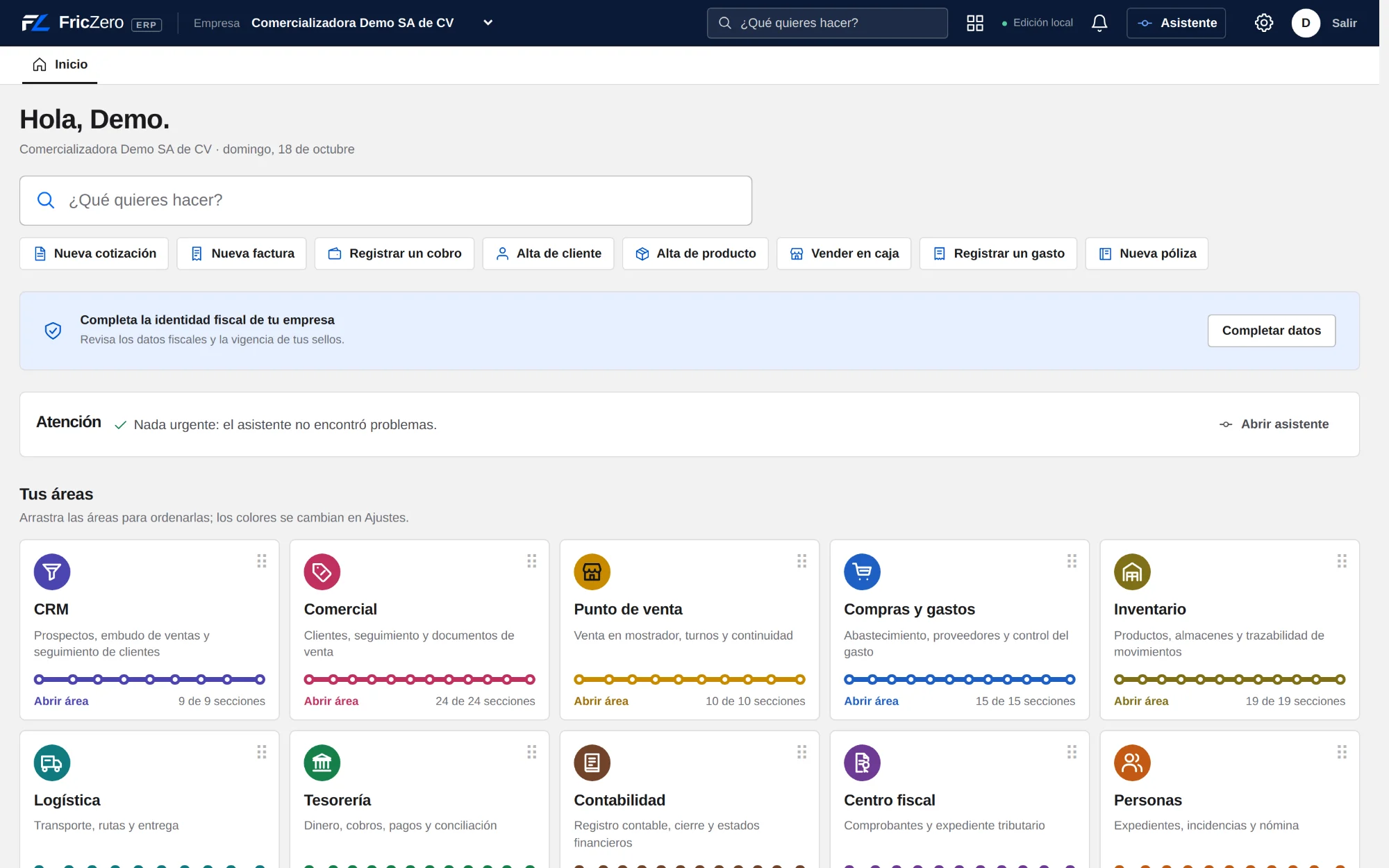 Pantalla de inicio de FZ ERP con todas las áreas de la empresa
