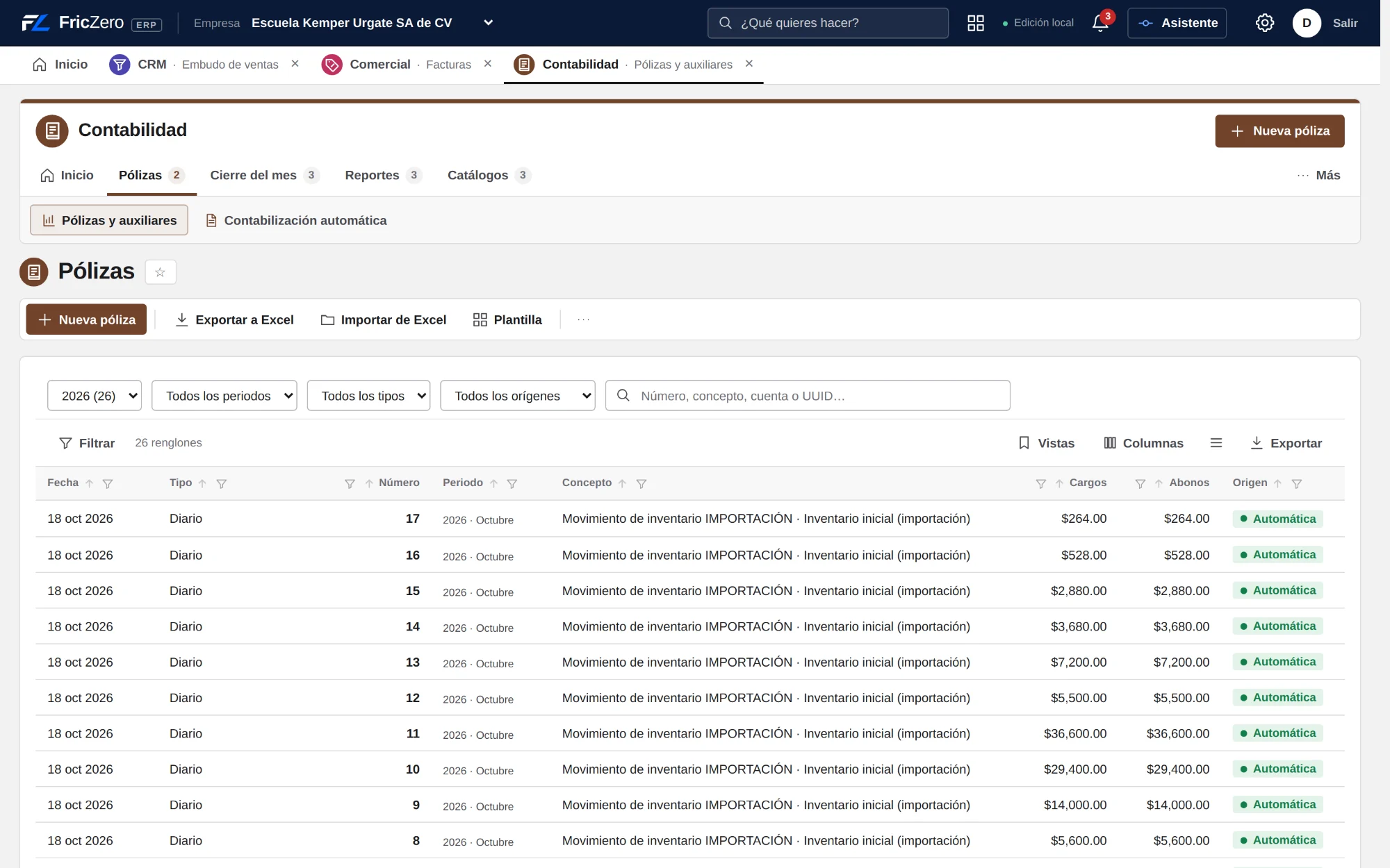 Contabilidad: Pólizas contables generadas desde las operaciones