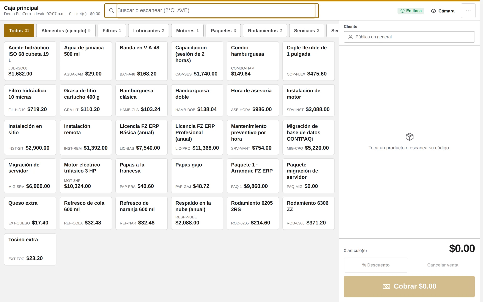 Punto de venta: Pantalla táctil del punto de venta con productos por categoría