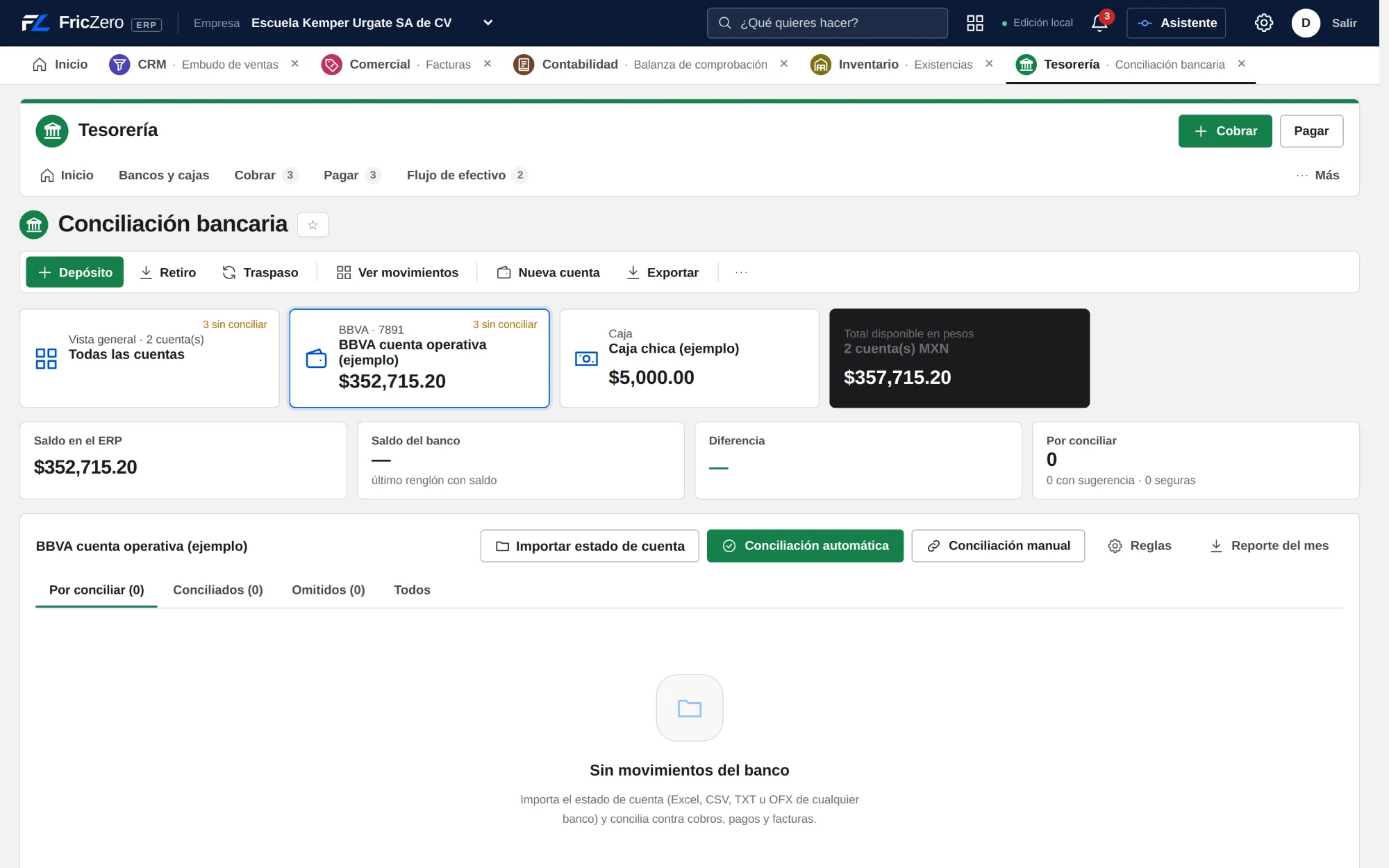 Tesorería: Conciliación bancaria con saldos por cuenta