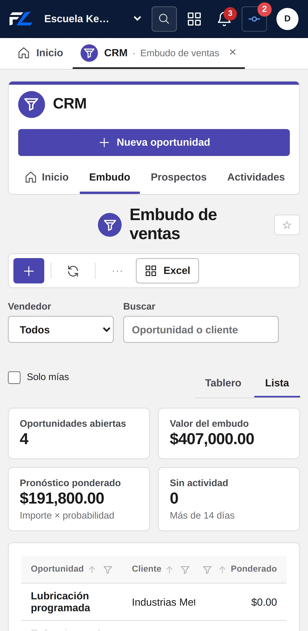 Embudo de ventas del CRM de FZ ERP en un celular